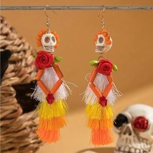 Halloween Skull and Rose Tassel Pumpkin Spooky Gothic Dangle Drop Earrings Party